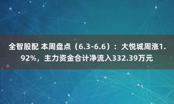 全智股配 本周盘点（6.3-6.6）：大悦城周涨1.92%，主力资金合计净流入332.39万元